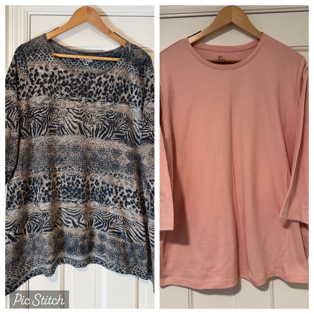 Bundle Lot Womens Plus 1X Kim Rogers Pink & Animal 3/4 Sleeve Stretch Top Shirts